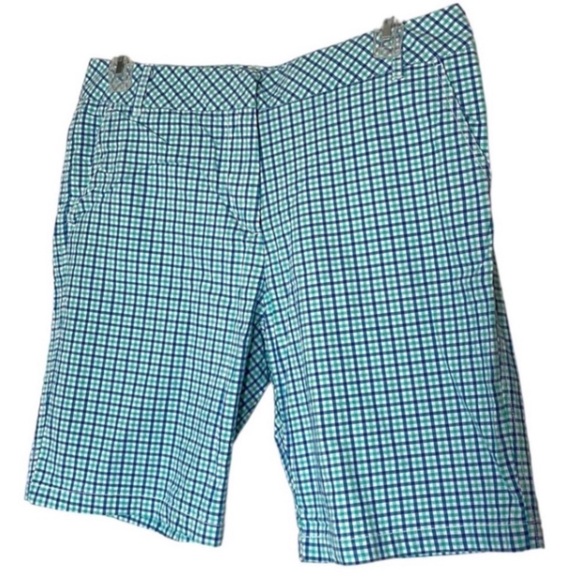 Izod Bermuda Shorts Plaid Aqua Blue White Cotton Stretch Golf Preppy Cruise 12 - Picture 1 of 17